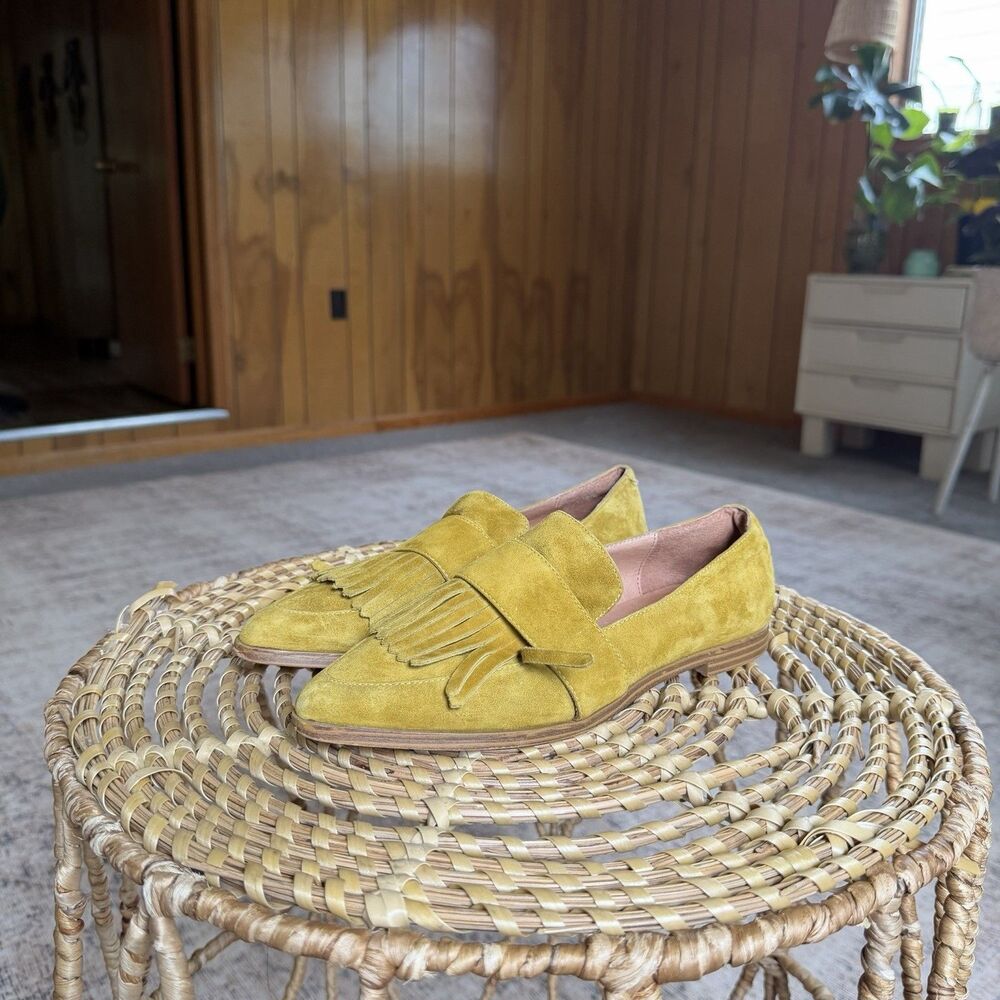 Matiko Anthropologie Suede Leather Loafers Mustard Size 38 Fringe Pointed Toe
